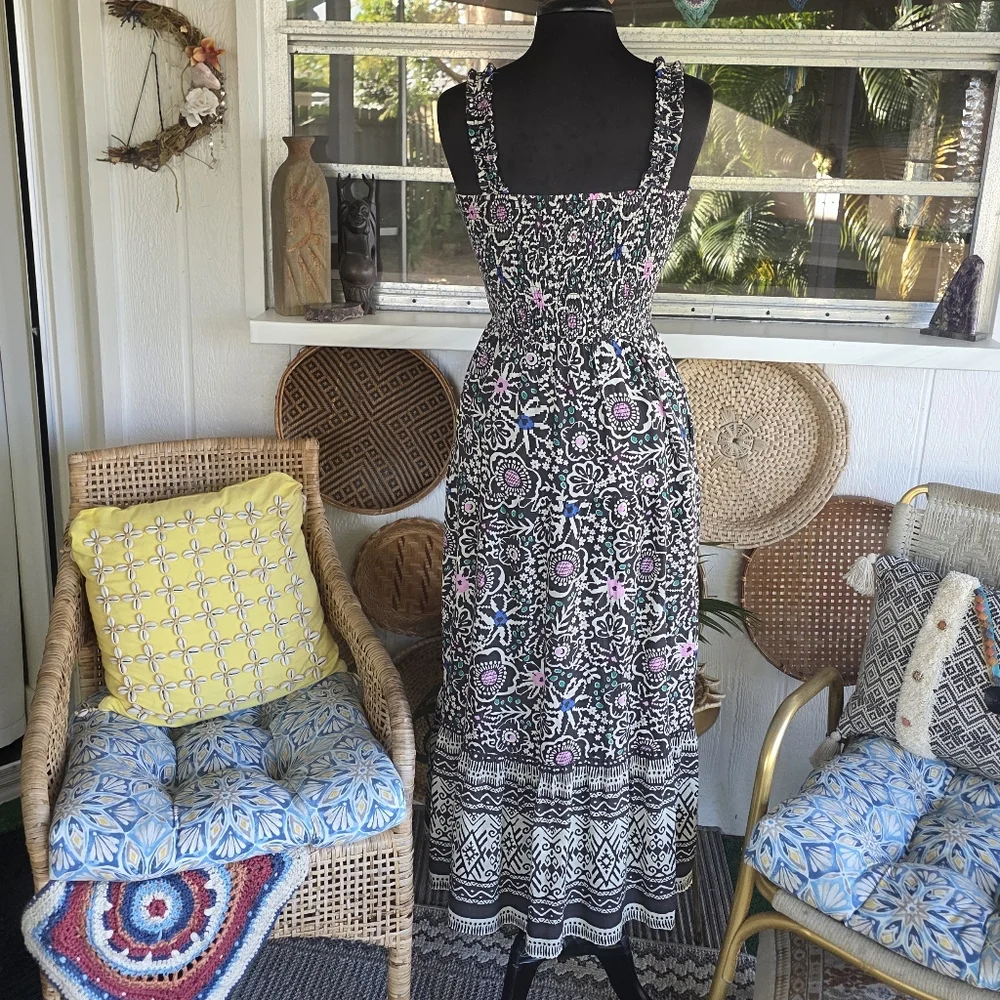 Marine Layer Small Long Dress Black and Pink Maxi Dress Floral Boho Chic - Picture 4 of 16